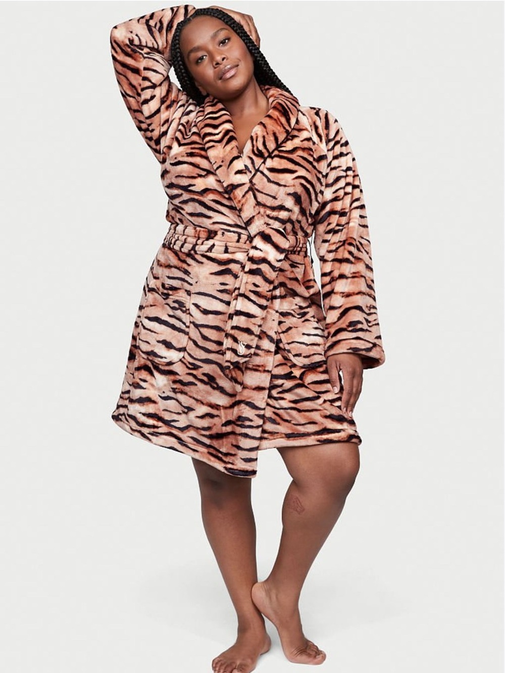 Victoria's Secret NWT Champagne Brown Tiger Print Short Plush Robe Size XL/XXL